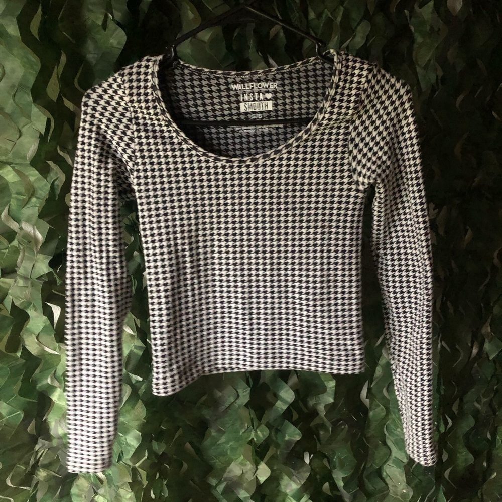 Houndstooth Fitted Ribbed Long Sleeve Blouse